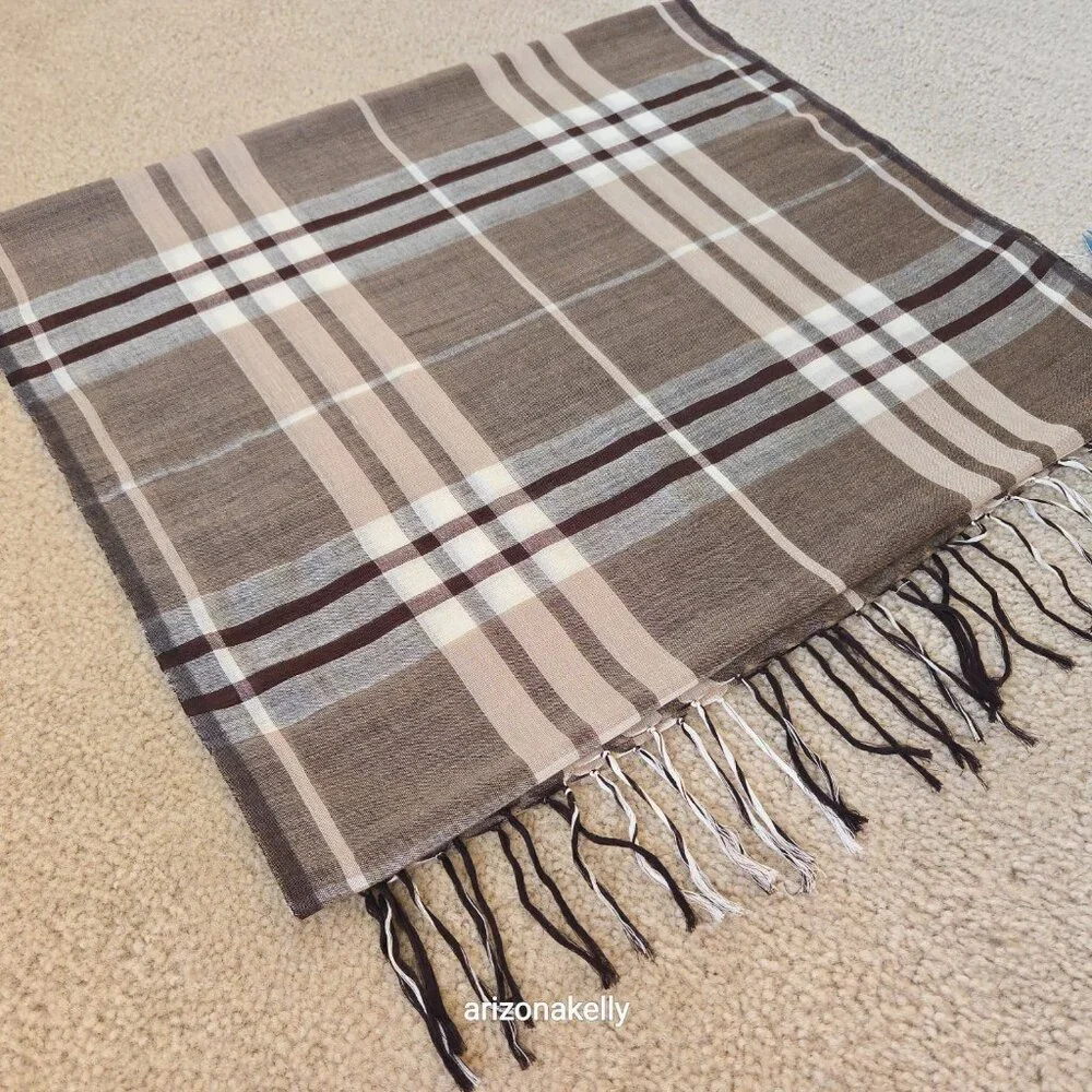 NWT Wool/Cotton Blend Lightweight Scarf Brown Tan Plaid Freeset Fabric